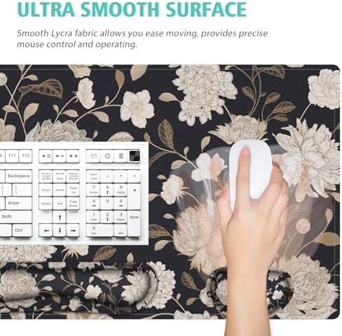 Floral Large Mouse Pad with Wrist Support Set of 4,Large Gaming Mouse Pad+Keyboard Rest+Mouse Wrist Rest+Coaster,Ergonomic Mouse mat,Anti-Slip,Memory Foam Desk Mat for Home Office Gaming (Rose)