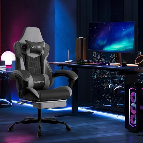 Gaming Chair with Footrest, High Back Gaming Chairs PVC Leather Ergonomic Gamer Chair with Adjustable Headrest Lumbar Support Racing Style Video Gaming Chair for Office/Home (BlackGrey)