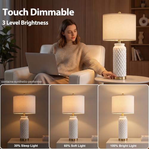 USumkky 25'' Touch Table Lamps for Nightstand White Ceramic -3 Way Dimmable