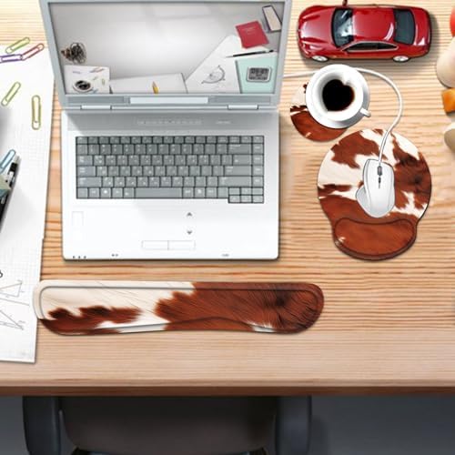 Keyboard Wrist Rest and Mouse Pad Wrist Support Set with Coaster,Comfortable for Easy Typing,Pain Relief,Memory Foam Keyboard Pad Set for Laptop Mac,Cowhide Farm Animal Skin Leopard Brown Cow