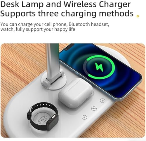 IHAO 3in1 Wireless Charging Eye-Care Desk Lamp 15W Fast Charging Station for Phone, Smartwatch & Earbuds, Touch Control Dimmable LED Light Adjustable Gooseneck, Modern Office Table Lamp-HYT2096 White