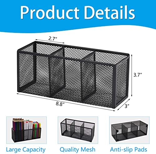 Black Mesh Pen Pencil Holder, Small Metal Desk Organizer Desktop Stationery Office Supplies Acessories Storage Stand, 3 Compartments Brushes Holder for Home School Classroom Teachers