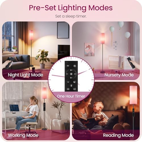 2 Pack Dimmable Pink Floor Lamps for Living Room with 2 Remotes and Foot Switch, Corner Floor Lamp, 64.4'' Standing Tall Lamp, 10W 900LM Bulb Included, 3000K-6500K, Linen Shade, FCC Listed P06LDP205W1