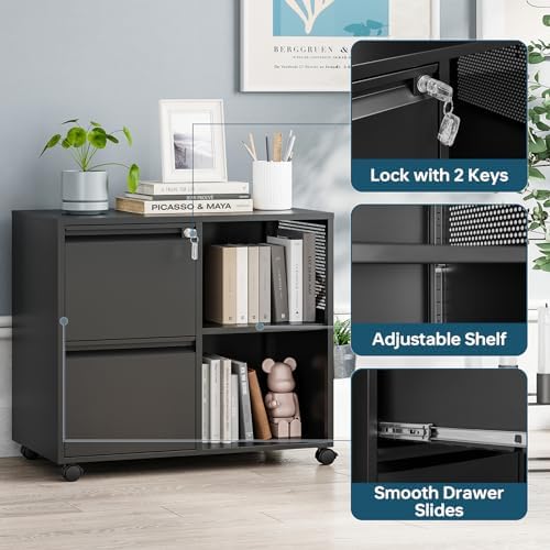 MIIIKO 2 Drawer File Cabinet with Lock, Metal Lateral Rolling Printer Stand Filing Cabinets with Drawers for Home Office,A4, Letter Size File Folders(Black)