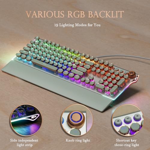 RK ROYAL KLUDGE X108 Typewriter Style Mechanical Keyboard, Wired Gaming Keyboard 108 Keys RGB Backlit Sidelight, Detachable Wrist Rest, Volume Knob, Retro Round Keycaps Blue Switches - Green