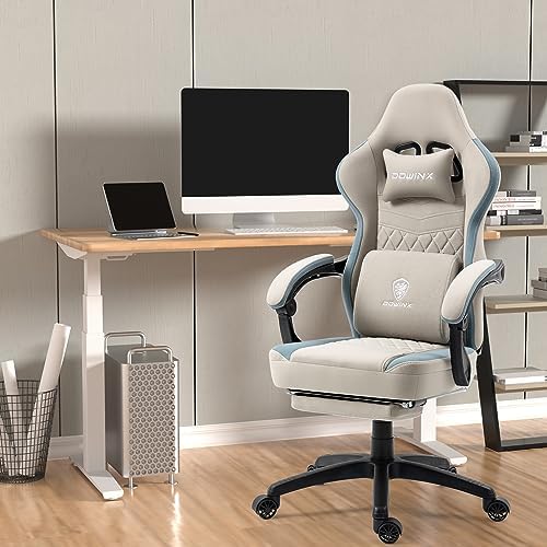 Dowinx Gaming Chair Breathable Fabric Game Chair with Gel Pad and Storage Bag, Comfortable Gamer Chair with Pocket Spring Cushion,Ergonomic Computer Chair with Footrest,Grey