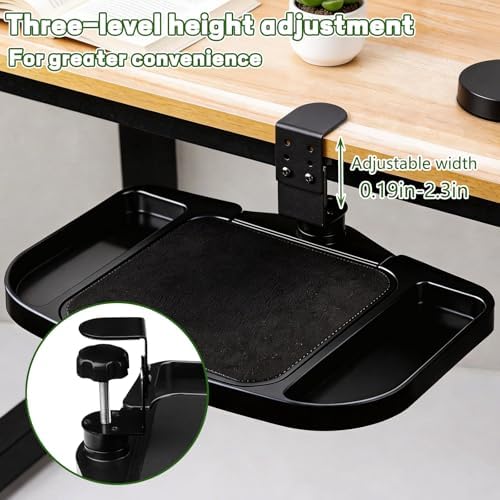 Clamp-on Mouse Tray Under Desk, Height Adjustable Under Desk 360° Rotating Tray Rest Extension Attachment, Clamp-on Mouse Pad Holder Platform with Storage Compartments (Black)
