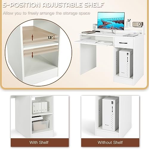 Computer Desk with Hutch & Keyboard Tray, Home Office Workstation with Drawer, Adjustable Shelves, Modern Vanity Table for Bedroom, Wooden Writing Study Laptop PC Desk (White)