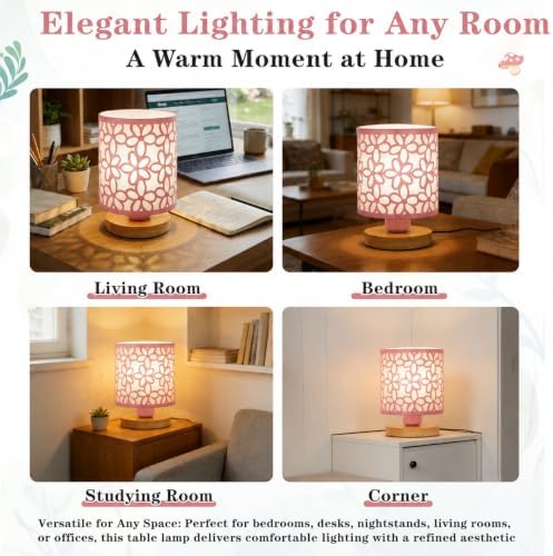 Green Small Table Lamp, LED Cutout Metal Bedside Lamp with 3 Color Temperatures for Office, Living Room, Bedroom, Dorm (Pink)