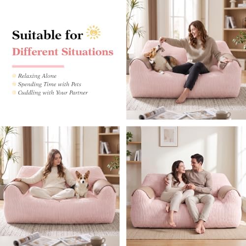 Homkdom Bean Bag Chairs for Adults, Lazy Loveseat Sofa with Armrests, Pink