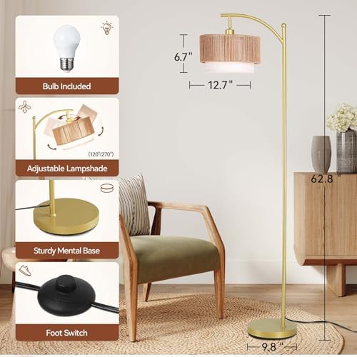 SUNMORY Arc Floor Lamps for Living Room, Rattan Standing lamp with 12W Bulb