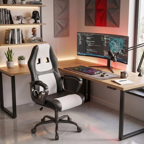 BestOffice Office Chair PC Gaming Chair Cheap Desk Chair Ergonomic PU Leather Executive Computer Chair Lumbar Support for Women, Men (White)