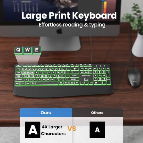 TECKNET Wired Keyboard and Mouse Combo, 4X Large Print, 7-Color Backlit Silent Keyboard Kits, Ergonomic Design with Wrist Rest, Soft-Typing, USB Plug & Play for Computer/Mac/Laptop