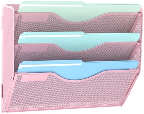 Gawerk 3 Tier Hanging Wall File Organizer, Mesh Mail Paper Orgnization Hanging File Folder Holder for Home Office, Pink