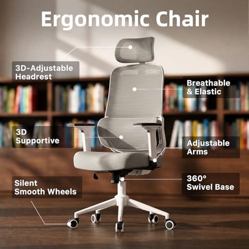 High Back Ergonomic Desk Chair with Adjustable Lumbar Support and Headrest Home Office Desk Chair with flip-up Armrests for Home, Office, Gaming, Student（White）