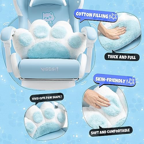Gaming Chair, Cute Cat Gaming Chairs with Paw Lumbar Cushion for Girls, Video Gamer Chair with Footrest for Girl Teen Woman (Blue-A)