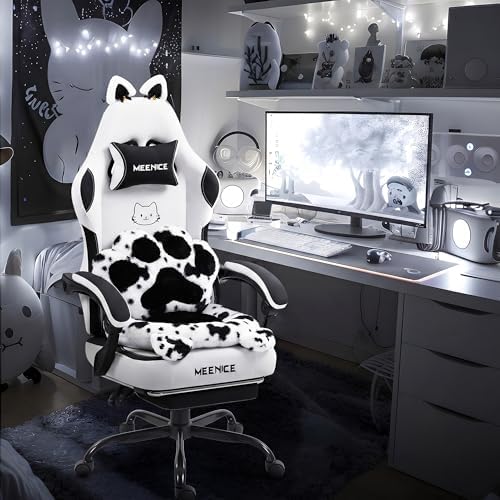 Gaming Chair Cute with Cat Ears Paw Lumbar and Cushion,Ergonomic Computer Chair with Footrest,Reclining PC Game Chair for Girl Computer Chair 300lbs for Adult Black White