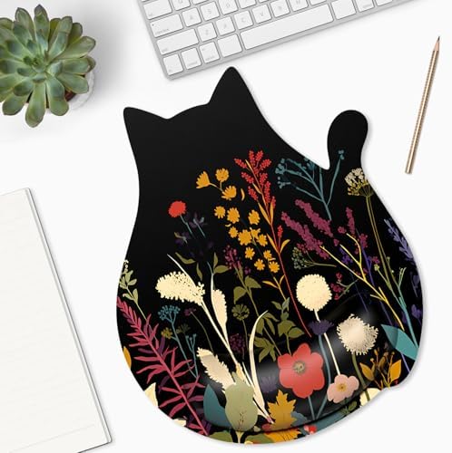 Ergonomic Mouse Pad with Wrist Rest, Cute Cat Memory Foam Padded Pain Relief Non-Slip Wrist Support Mouse Mat for Gaming Work Computer Laptop, Funny Office Supplies Desk Accessory, Plants