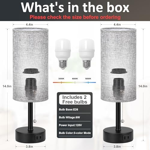 Grey Bedside Table Lamps Set of 2 - Bedroom Lamp for Desk, AC Outlet