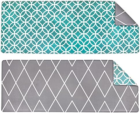 OPUX Anti Fatigue Kitchen Floor Mat, Reversible Cushioned Memory Foam Kitchen Rug Pad, Waterproof Non-Slip Padded Comfort Standing Mat Office Laundry Home, 47x17 (Geometric Teal Gray)