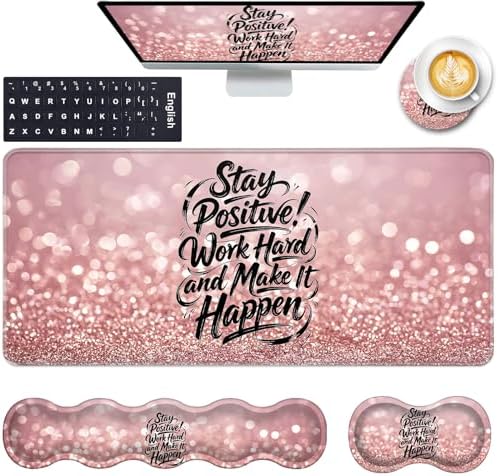 Keyboard Wrist Rest and Mouse Pad with Wrist Support Set Ergonomic Coaster,Memory Foam,Easy Typing Pain Relief,Large XL Desk Mat 31.5"x 11.8",Stay Positive Work Hard and Make It Happen Motivational