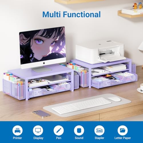 OPNICE Desk Organizers and Accessories, Computer Monitor Stand Riser with Drawer and 2 Pen Holders, Printer & Laptop Stand, Office Desk Accessories & Workspace Organizers for Home Office Supplies, Metal Purple