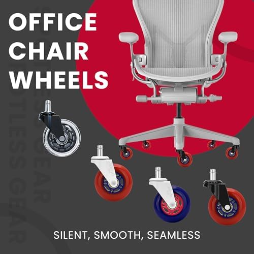 Roller blade Office Chair Wheels for Gaming Chair, 3 inch Replacement Rubber Casters for Hardwood Floors & Carpet, Ultra Smooth & Quiet Heavy Duty Desk Chair Wheels, Set of 5 (Red Blaze)