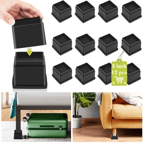12 Pack Furniture Risers 2 or 4 Inch, Adjustable Bed Risers Heavy Duty for Table Desk Couch Chair Sofa Cabinet Bed Frame Dorm, Square Stackable Table Leg Risers Lift Height 2" or 4", Black