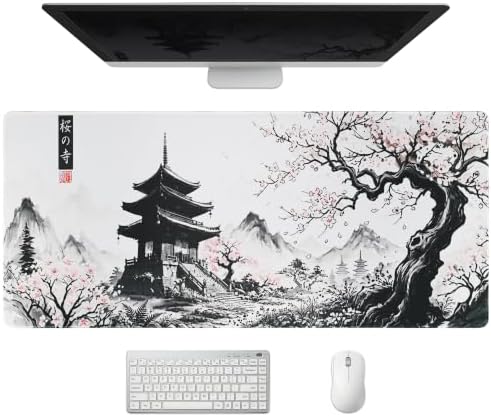 Extended Japanese Sakura Zen Desk Mat, XXL Large Gaming Mouse Pad, Cherry Blossom Temple Stitched Edges Waterproof Non-Slip Rubber Base for Computer Keyboard Laptop Work Home Office 35.4"x15.7"