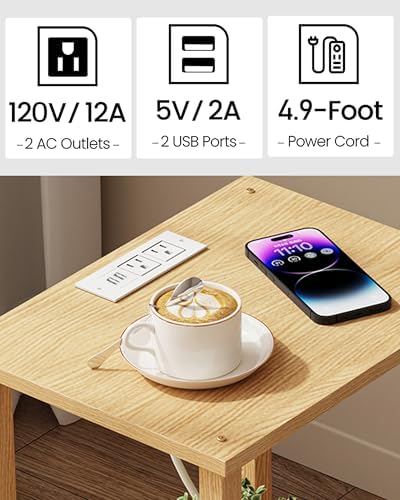 TUTOTAK End Table with Charging Station, Side Table, Nightstand