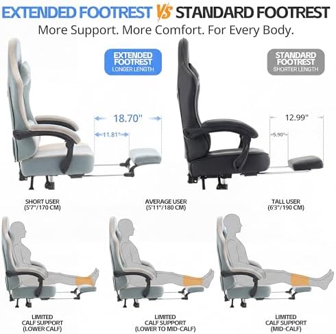 Office Desk Computer Gaming Chair for Adults, Ergonomic High Back Gamer Chair with Massage and Pocket Spring Cushion, Swivel Comfy Video Game Chairs with Footrest and Lumbar Support (Blue)