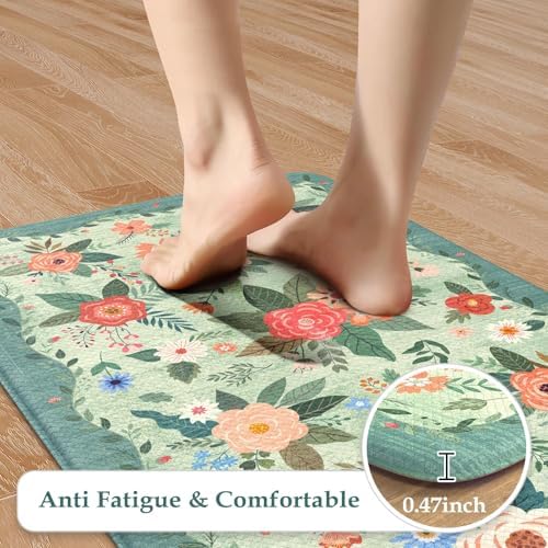 KIMODE Kitchen Mats for Floor Cushioned Anti Fatigue, Green Boho Flower Rug