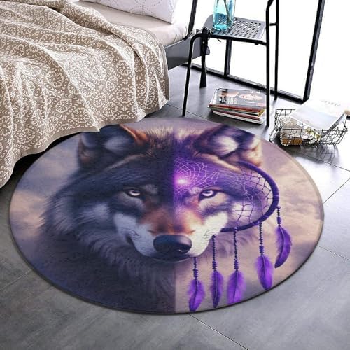 Soft Round Yoga Carpet, Office Chair Decor Round Mat for Carpet and Hardwood Floors Dream Catcher Wolf