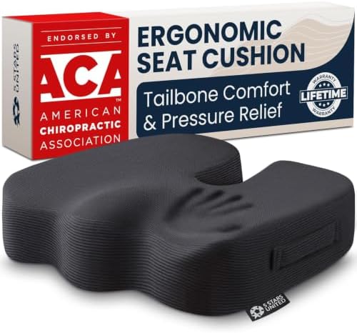 5 STARS UNITED Seat Cushion - Memory Foam Chair Cushion for Tailbone Pain Relief - Ergonomic Support for Coccyx, Sciatica & Butt - Office, Desk & Gaming Chair, Car Seat, Wheelchair, Airplane, Black