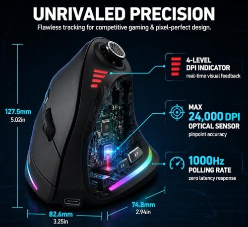 TKMARS Wireless Ergonomic Vertical Gaming Mouse with Joystick, Bluetooth & 2.4G, 12 Programmable Buttons, Adjustable 24000 DPI, Rechargeable RGB Computer Mouse for PC, MacBook & Laptops
