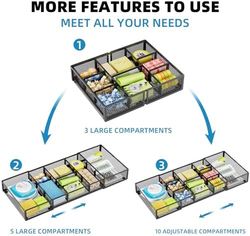 Marbrasse Expandable Desk Drawer Organizer, Mesh Drawer Organizer Tray with 10 Adjustable Compartments, Desk Organizers and Accessories for Office Supplies (Longer Expandable Drawer Organizer-B)