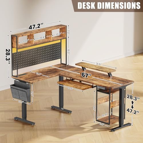Flycity Electric L Shaped Standing Desk Adjustable Height, 67" x 47" Corner Computer Desk with Host Shelf, Gaming Desk with LED Lights & Power Outlet, Dual Motor Home Office Desk with Storage, Brown