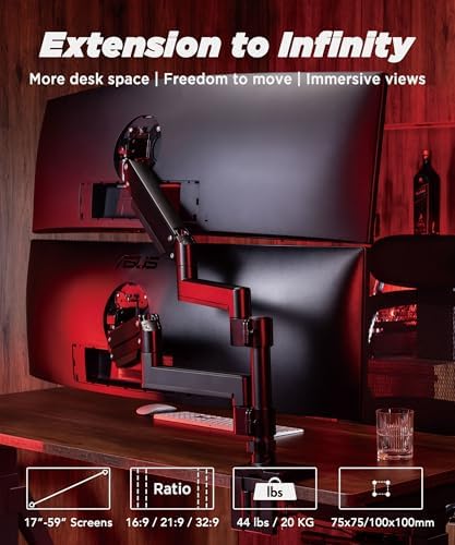 ULTRARM Heavy Duty Dual Monitor Arm for Ultrawide Monitors up to 57" and 44 lbs, Dual Monitor Stand for Dual 49" Vertical Stacked Monitor Mount Height Adjustable - 100x100 VESA Mount, Black, MA20P-D