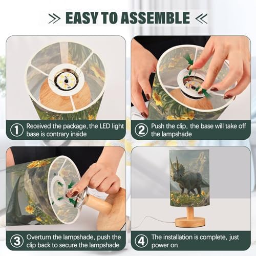 Bedside Lamp Dinosaur Mountain Table Lamp for Bedroom LED Nightstand Lamp Shade USB Ports Wood Base for Living Room Dorm Office