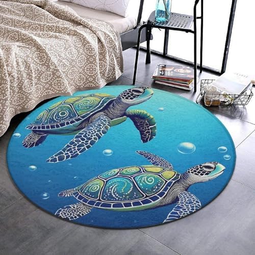 Fashion Round Area Rug Large Non Slip Carpet, Abstract Tortoise Blue Sea Turtle Unisex Home Decor Mat