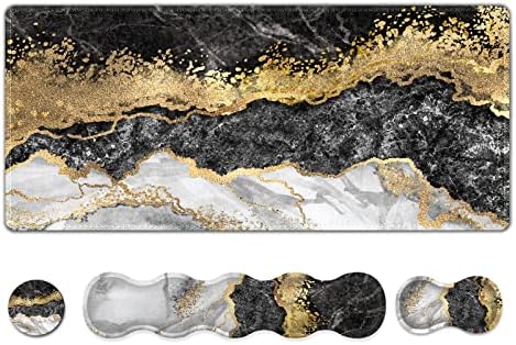 Upgraded Extended Gaming Mouse Pad, Keyboard Wrist Rest Pad, Wrist Support Mousepad Set, Artso Large Stable Rubber Base Stitched Edges, Multifunctional Desk Pad 35 x15.5 in, Black Grey Marble