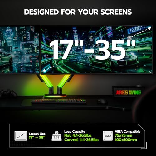 ARES WING RGB Dual Monitor Arm Desk Mount for 17-35 Inch Monitors, Black