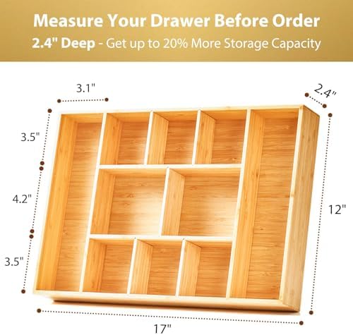 Umilife Extra Large Bamboo Desk Drawer Organizer, Wood Junk Organizer Tray with Adjustable Dividers, Anti-Skip Storage Organization in Office Bathroom Drawer for Vanity, Makeup, 17" x 12"