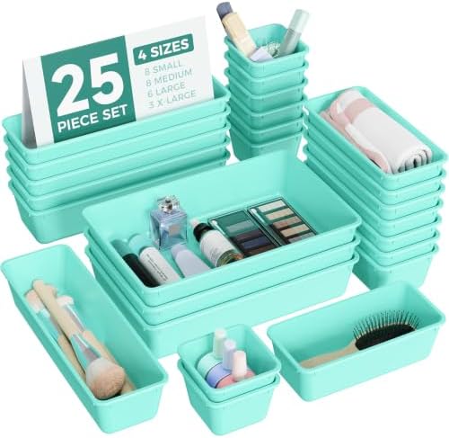 BiuLeon 25 PCS Plastic Drawer Organizers Set, 4-Sizes Vanity and Makeup Organizer, Desk and bathroom Drawer Organizer Trays, Organizers and Storage for Makeup, Jewelry, Gadgets, Utensils (Blue)