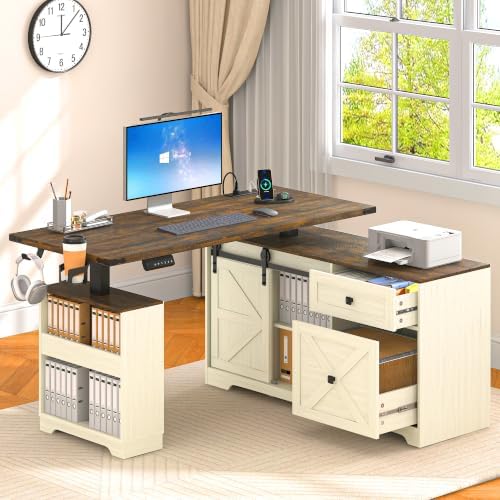 St.Mandyu L Shaped Electric Standing Desk 55" White with Power & Storage