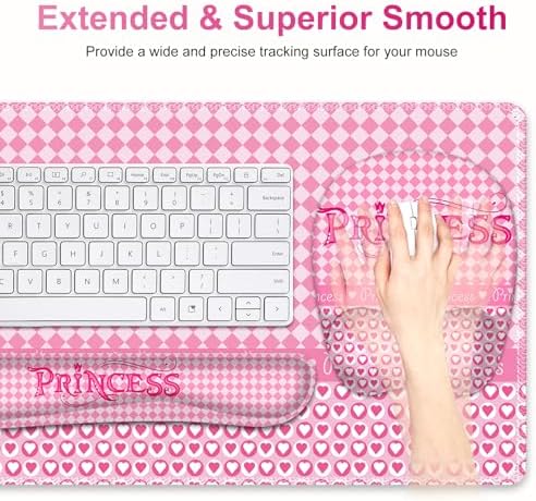 Mouse Pad with Wrist Support 4 in1 Set, XXL Big Game Mousepad + Keyboard Wrist Rest + Mouse Wrist Rest Pad +Coaster Gaming Mat for Home Office Work Computer Laptop I Pink Checkered Princess Girl