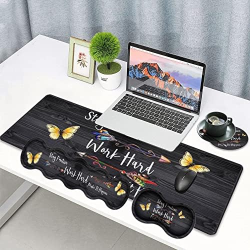 Large Gaming Mouse Pad, Keyboard Wrist Rest pad + Mouse Wrist pad + Coaster Set Extended Waterproof Non-Slip Table mat Suitable for Home Office - Stay Positive Work Hard and Make It Happen