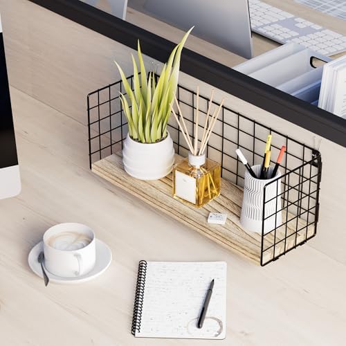 Floating Cubicle Shelf with Hooks, Paulownia Wood Desktop Organizer for Office Cubicle Decor, Desk Shelf for Top of Desk & Cute Cubicle Accessories for Work