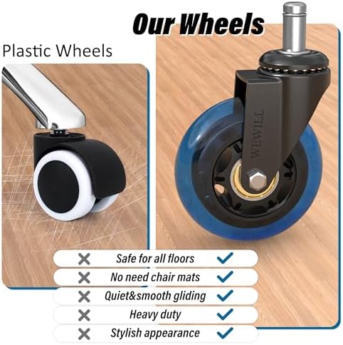 WEWILL Office Chair Wheels - Rubber Casters Replacement Universal Fit 98% Chair(Set of 5) Heavy Duty 3 Inch Smoothly & Quietly Safe for All Floor, Hardwood, Tile, Carpet, Noise Free - Blue