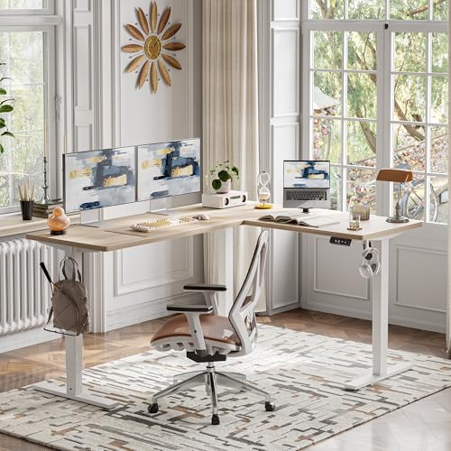 TIQLAB L Shaped Standing Desk Adjustable Height, Electric Corner Standing Desk, 63 x 55 inch Sit Stand Computer Table with Splice Board, Light Walnut